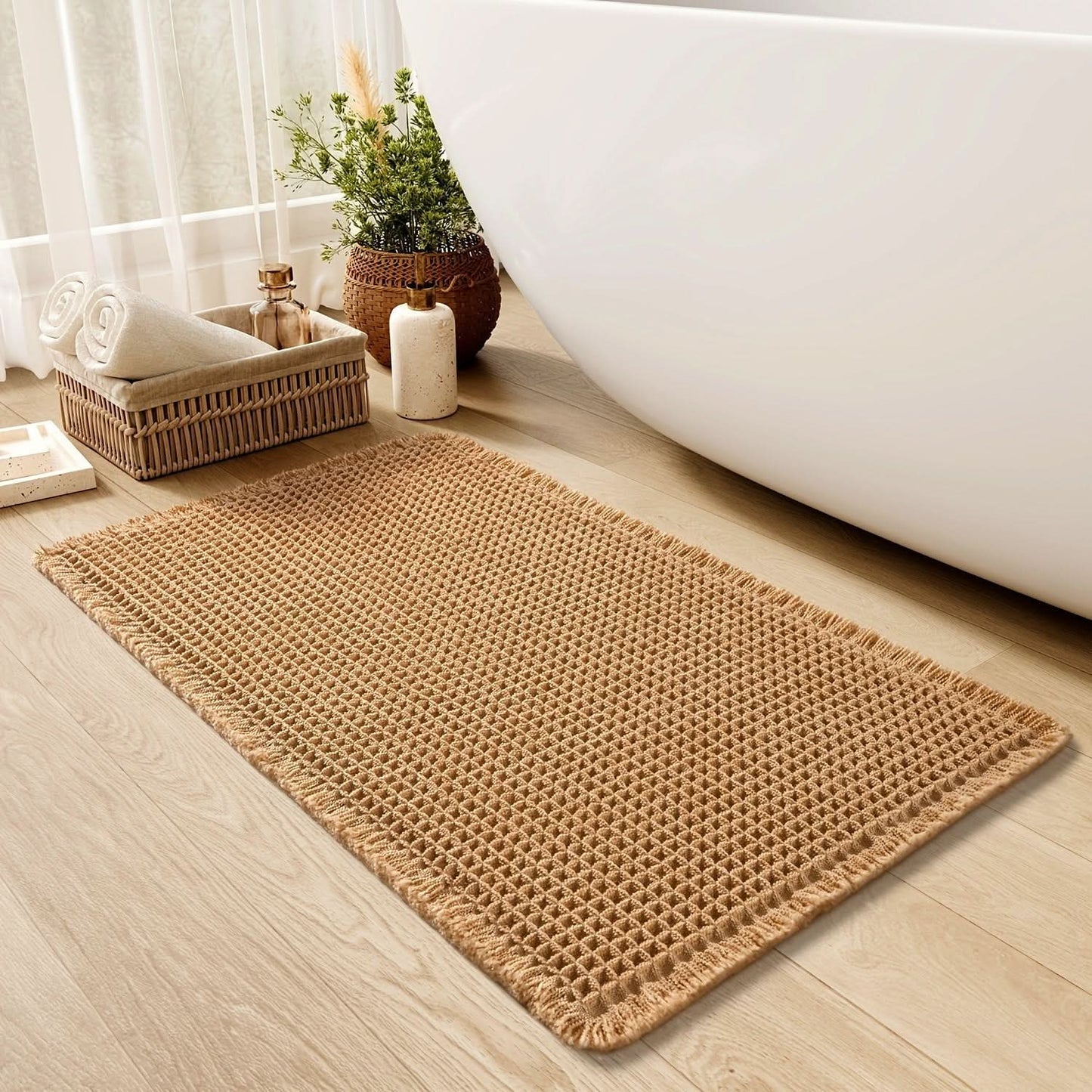Skorter | AbsorbEase | Waffle Bath Mat with Fringes – Quick-Dry & Non-Slip