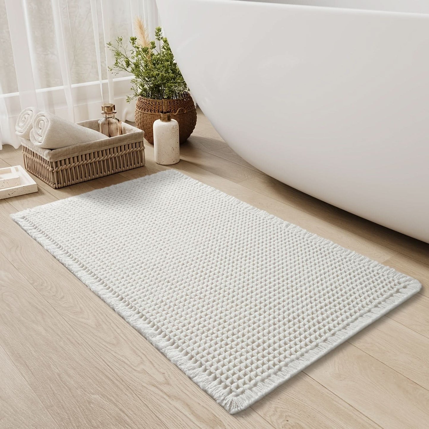 Skorter | AbsorbEase | Waffle Bath Mat with Fringes – Quick-Dry & Non-Slip