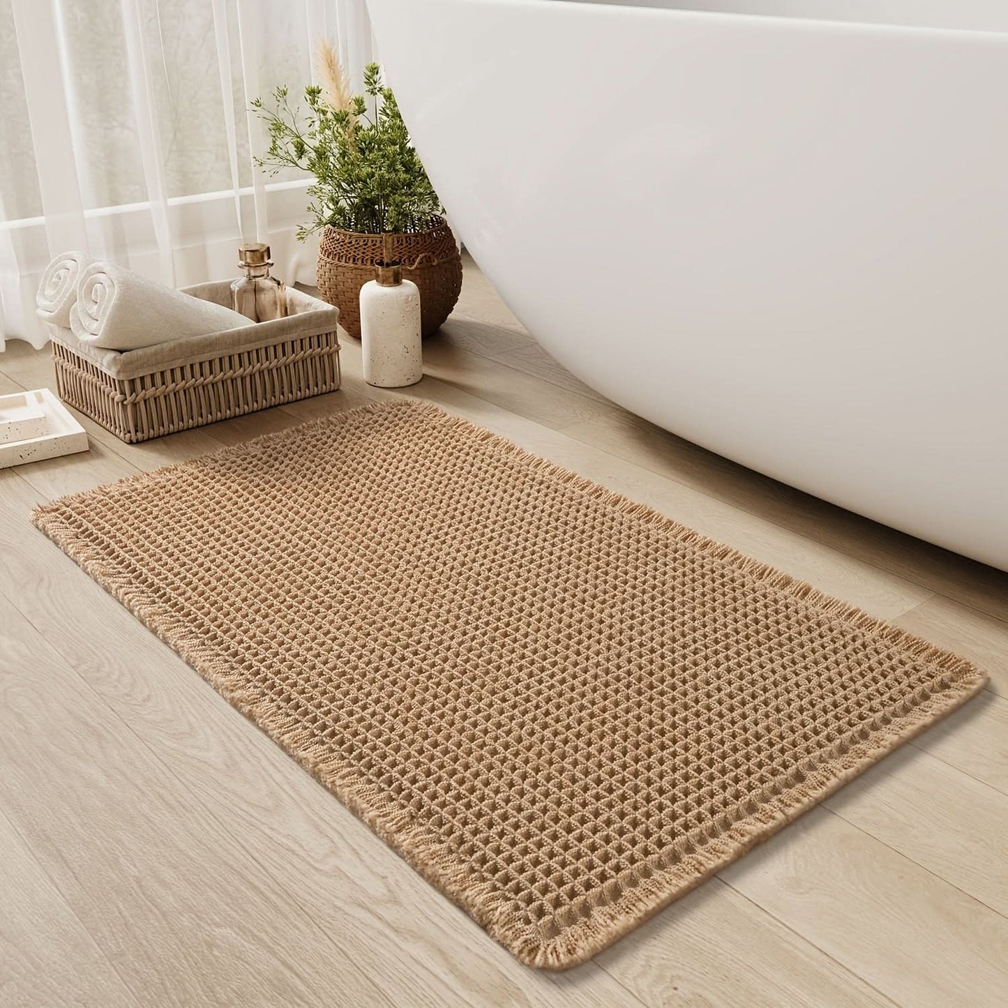 Skorter | AbsorbEase | Waffle Bath Mat with Fringes – Quick-Dry & Non-Slip