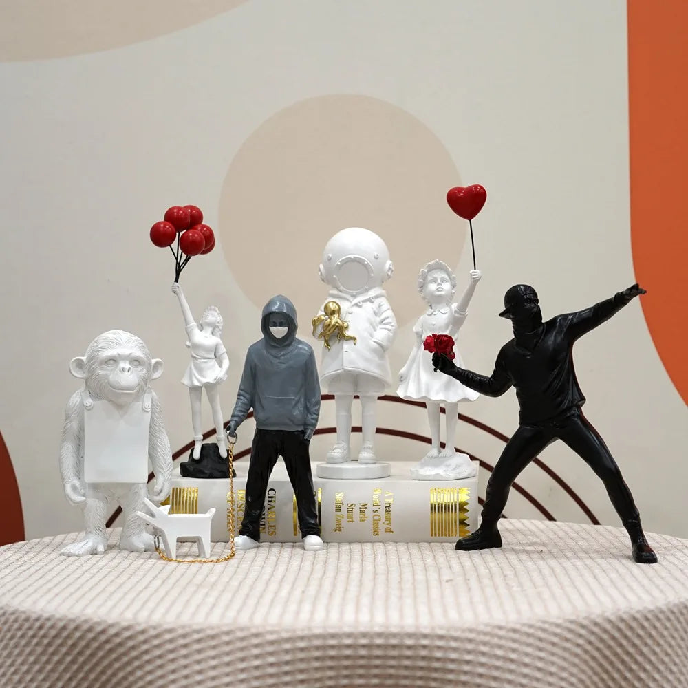 Skorter | Dropshipping Banksy Sculpture Collection Flower Thrower Statue Pop Art Modern Balloon Girl Figurine Office Home Decoration