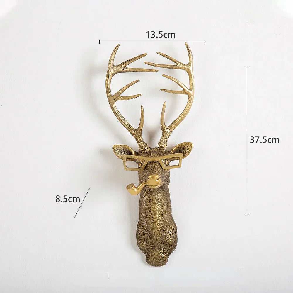 Skorter | Antique Bronze Resin Animal Pendant Golden Deer Head Wall Storage Hook Background Wall Accessories Decorative Figures