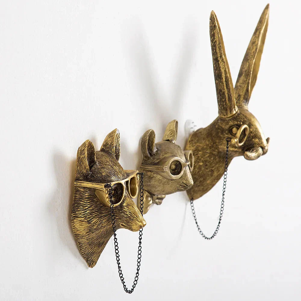 Skorter | Antique Bronze Resin Animal Pendant Golden Deer Head Wall Storage Hook Background Wall Accessories Decorative Figures
