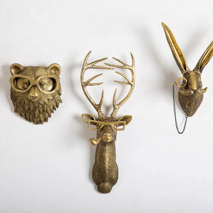 Skorter | Antique Bronze Resin Animal Pendant Golden Deer Head Wall Storage Hook Background Wall Accessories Decorative Figures
