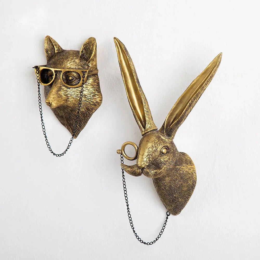 Skorter | Antique Bronze Resin Animal Pendant Golden Deer Head Wall Storage Hook Background Wall Accessories Decorative Figures