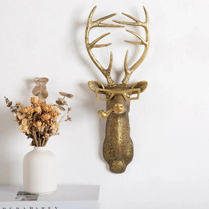 Skorter | Antique Bronze Resin Animal Pendant Golden Deer Head Wall Storage Hook Background Wall Accessories Decorative Figures