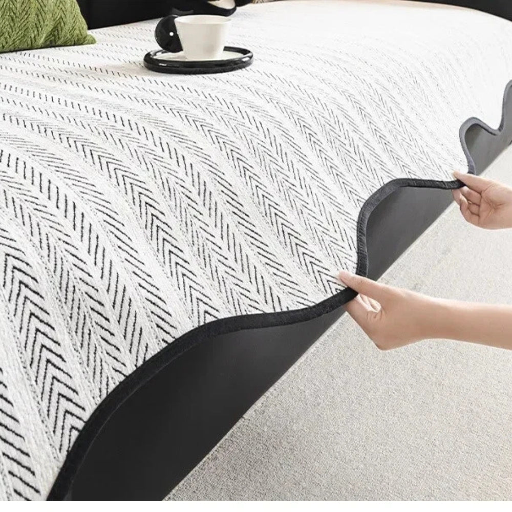 Skorter | Aurivelle Herringbone Sofa Cover with Scalloped Edge Trim