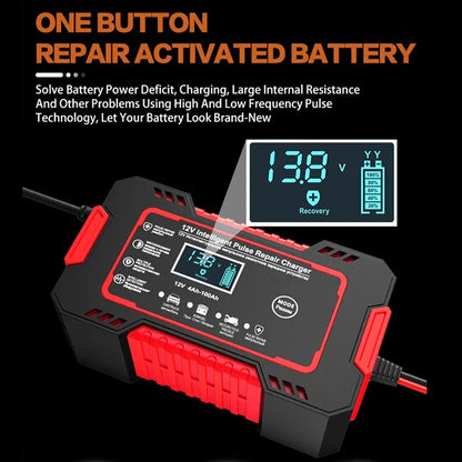 Skorter | 12V 6A Smart Car Battery Charger | Pulse Repair, LCD Display & Fast Charging for AGM, Gel & Lead-Acid Batteries