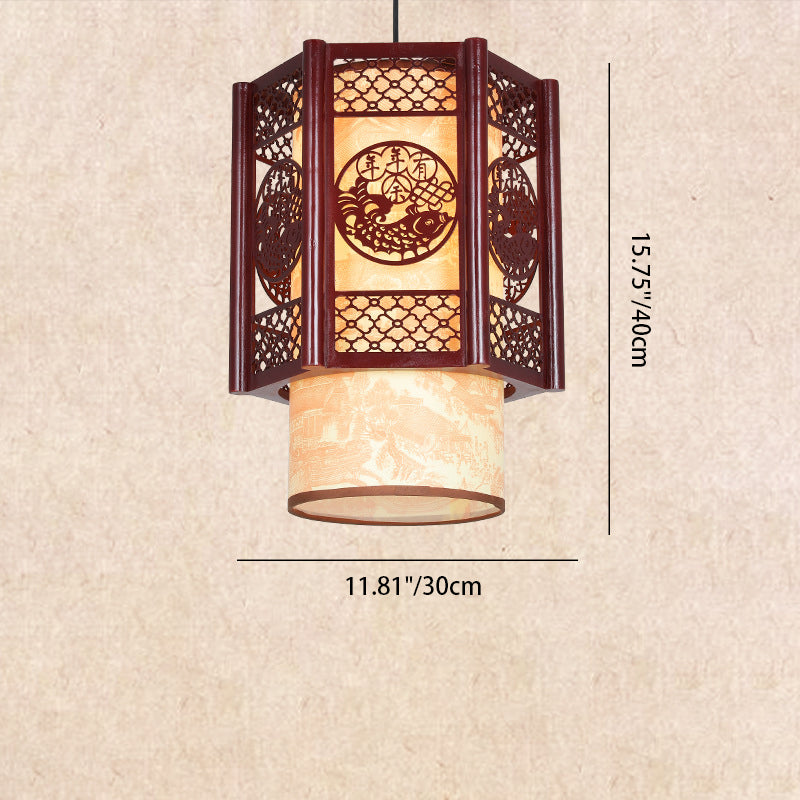 Skorter | Traditional Chinese Wood-PVC Cylinder Lantern Carved Fish 1-Light Pendant Lamp for the Dining Room