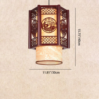 Skorter | Traditional Chinese Wood-PVC Cylinder Lantern Carved Fish 1-Light Pendant Lamp for the Dining Room