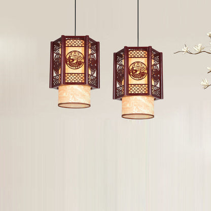 Skorter | Traditional Chinese Wood-PVC Cylinder Lantern Carved Fish 1-Light Pendant Lamp for the Dining Room