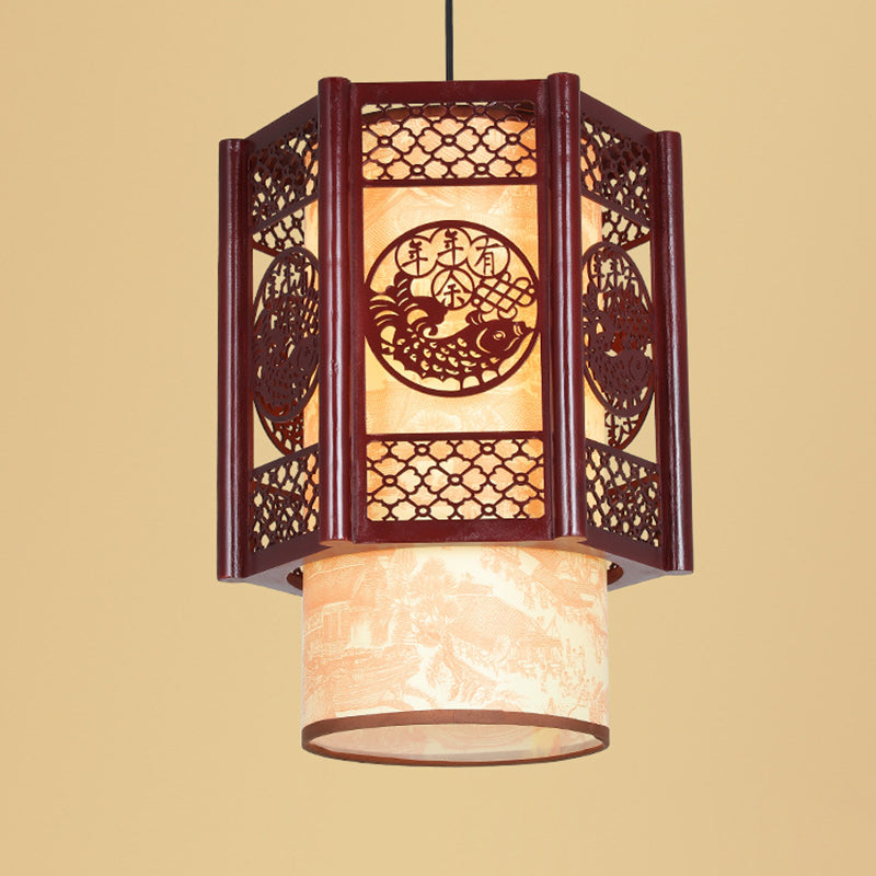 Skorter | Traditional Chinese Wood-PVC Cylinder Lantern Carved Fish 1-Light Pendant Lamp for the Dining Room