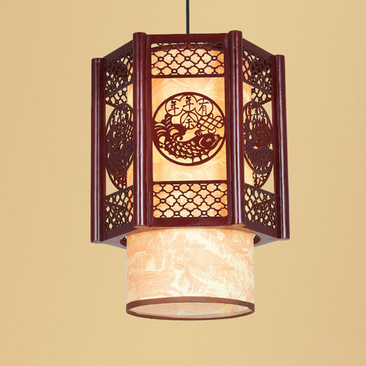 Skorter | Traditional Chinese Wood-PVC Cylinder Lantern Carved Fish 1-Light Pendant Lamp for the Dining Room
