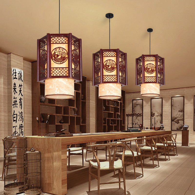 Skorter | Traditional Chinese Wood-PVC Cylinder Lantern Carved Fish 1-Light Pendant Lamp for the Dining Room