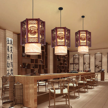 Skorter | Traditional Chinese Wood-PVC Cylinder Lantern Carved Fish 1-Light Pendant Lamp for the Dining Room