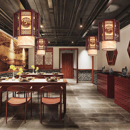 Skorter | Traditional Chinese Wood-PVC Cylinder Lantern Carved Fish 1-Light Pendant Lamp for the Dining Room