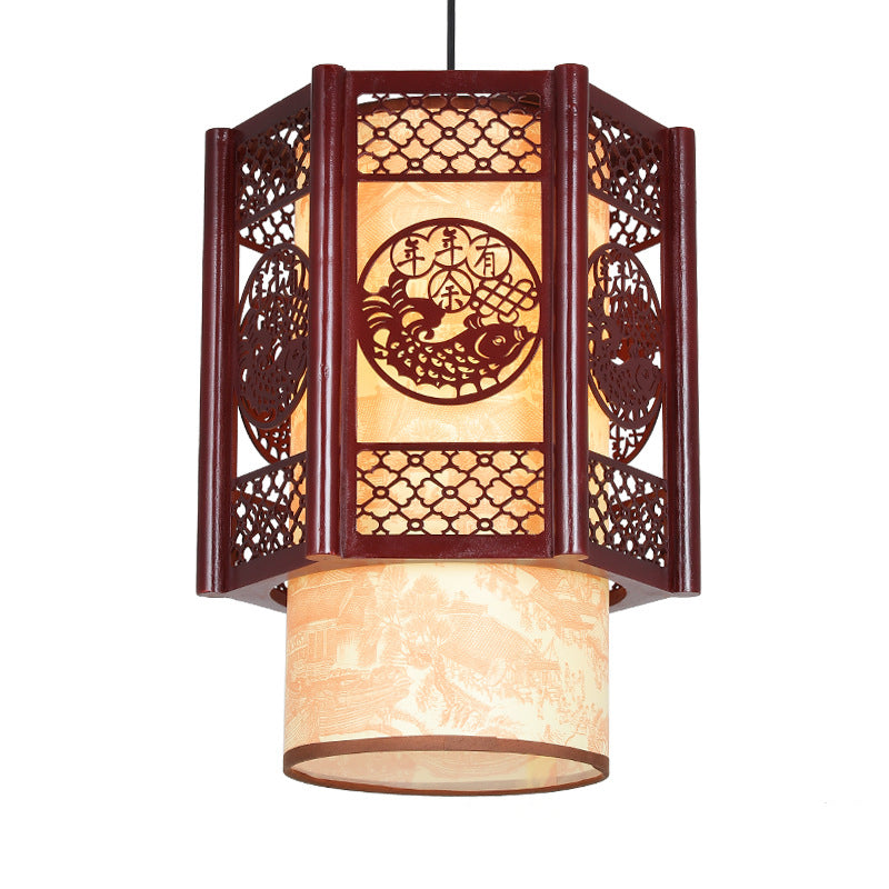 Skorter | Traditional Chinese Wood-PVC Cylinder Lantern Carved Fish 1-Light Pendant Lamp for the Dining Room