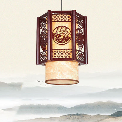 Skorter | Traditional Chinese Wood-PVC Cylinder Lantern Carved Fish 1-Light Pendant Lamp for the Dining Room
