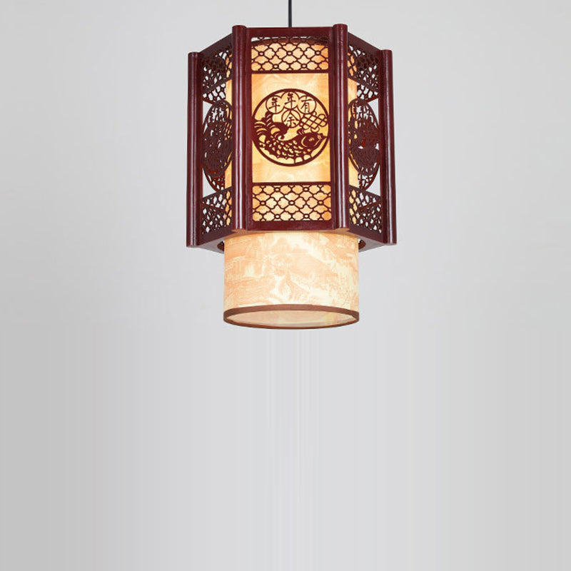 Skorter | Traditional Chinese Wood-PVC Cylinder Lantern Carved Fish 1-Light Pendant Lamp for the Dining Room