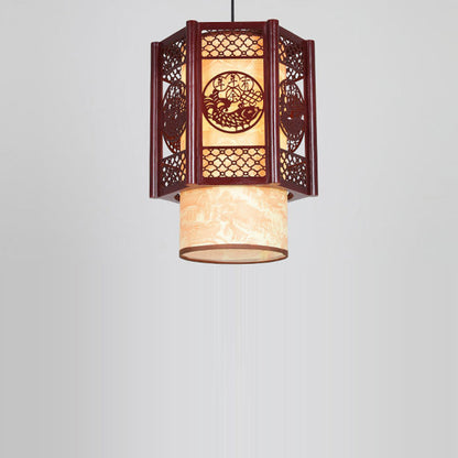 Skorter | Traditional Chinese Wood-PVC Cylinder Lantern Carved Fish 1-Light Pendant Lamp for the Dining Room