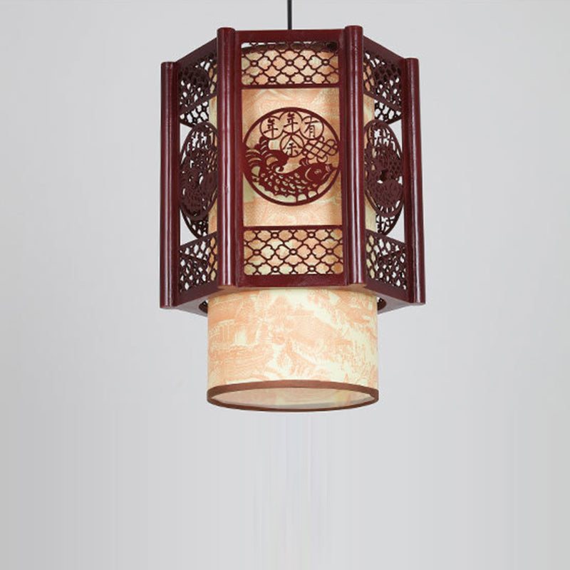 Skorter | Traditional Chinese Wood-PVC Cylinder Lantern Carved Fish 1-Light Pendant Lamp for the Dining Room