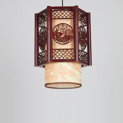 Skorter | Traditional Chinese Wood-PVC Cylinder Lantern Carved Fish 1-Light Pendant Lamp for the Dining Room