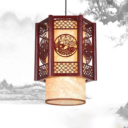 Skorter | Traditional Chinese Wood-PVC Cylinder Lantern Carved Fish 1-Light Pendant Lamp for the Dining Room