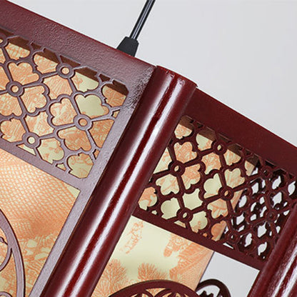 Skorter | Traditional Chinese Wood-PVC Cylinder Lantern Carved Fish 1-Light Pendant Lamp for the Dining Room