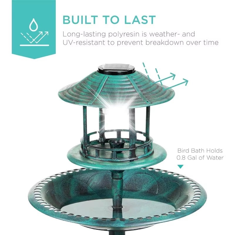 Skorter | Solar-Powered Bird Bath on Stand with Built-In Planter & LED Lamp