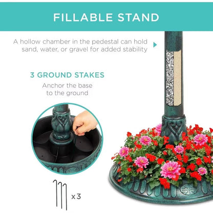 Skorter | Solar-Powered Bird Bath on Stand with Built-In Planter & LED Lamp