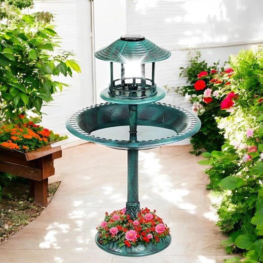 Skorter | Solar-Powered Bird Bath on Stand with Built-In Planter & LED Lamp