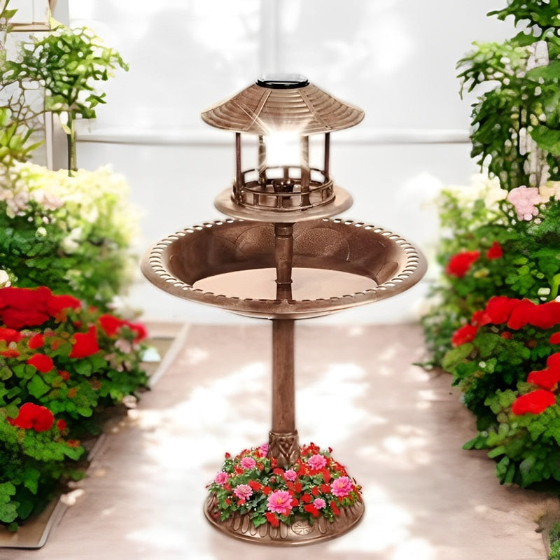 Skorter | Solar-Powered Bird Bath on Stand with Built-In Planter & LED Lamp