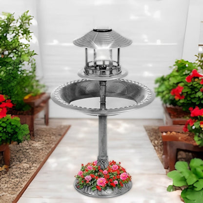 Skorter | Solar-Powered Bird Bath on Stand with Built-In Planter & LED Lamp