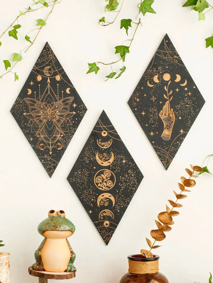 Skorter | Black Moon Phases Wooden Wall Decoration Rhombus Wall Art Boho Home Decor Witch Tapestry Decoration Room Decor Aesthetic Gift