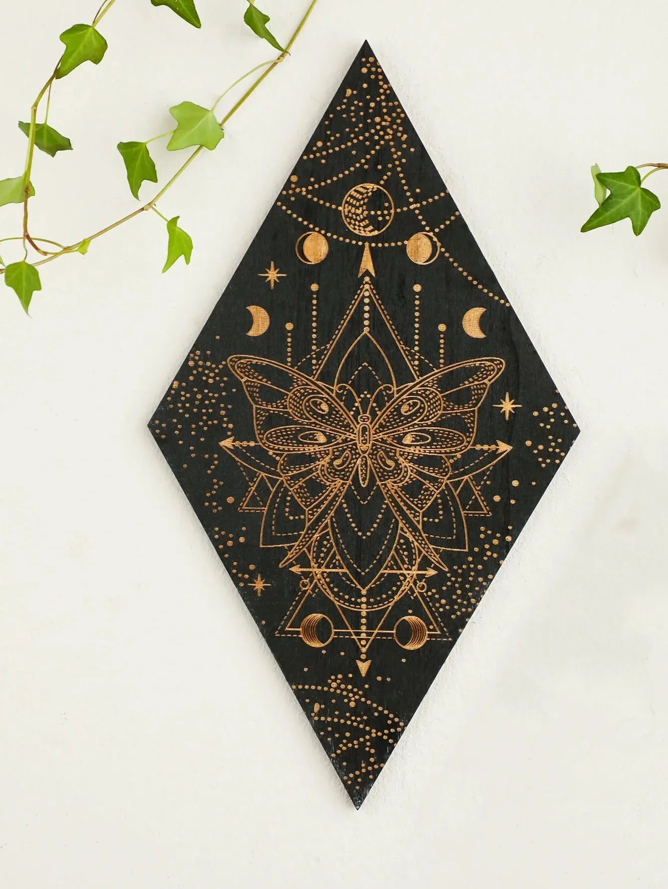 Skorter | Black Moon Phases Wooden Wall Decoration Rhombus Wall Art Boho Home Decor Witch Tapestry Decoration Room Decor Aesthetic Gift