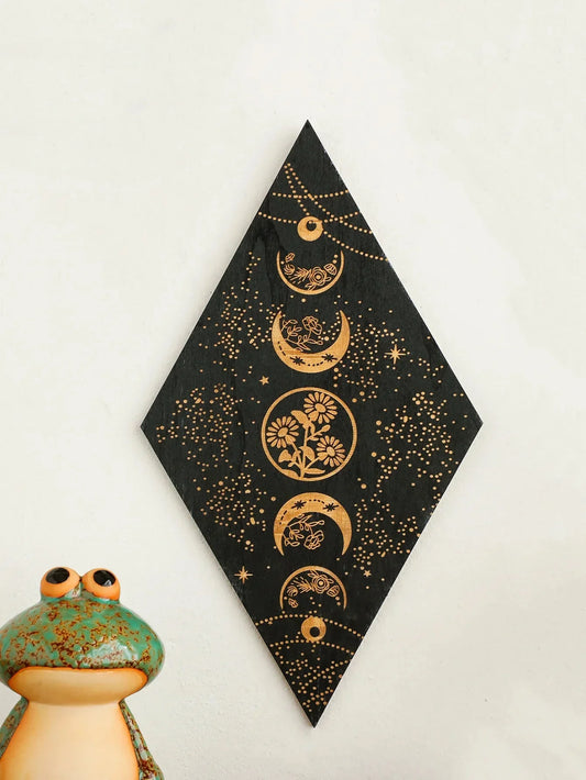 Skorter | Black Moon Phases Wooden Wall Decoration Rhombus Wall Art Boho Home Decor Witch Tapestry Decoration Room Decor Aesthetic Gift