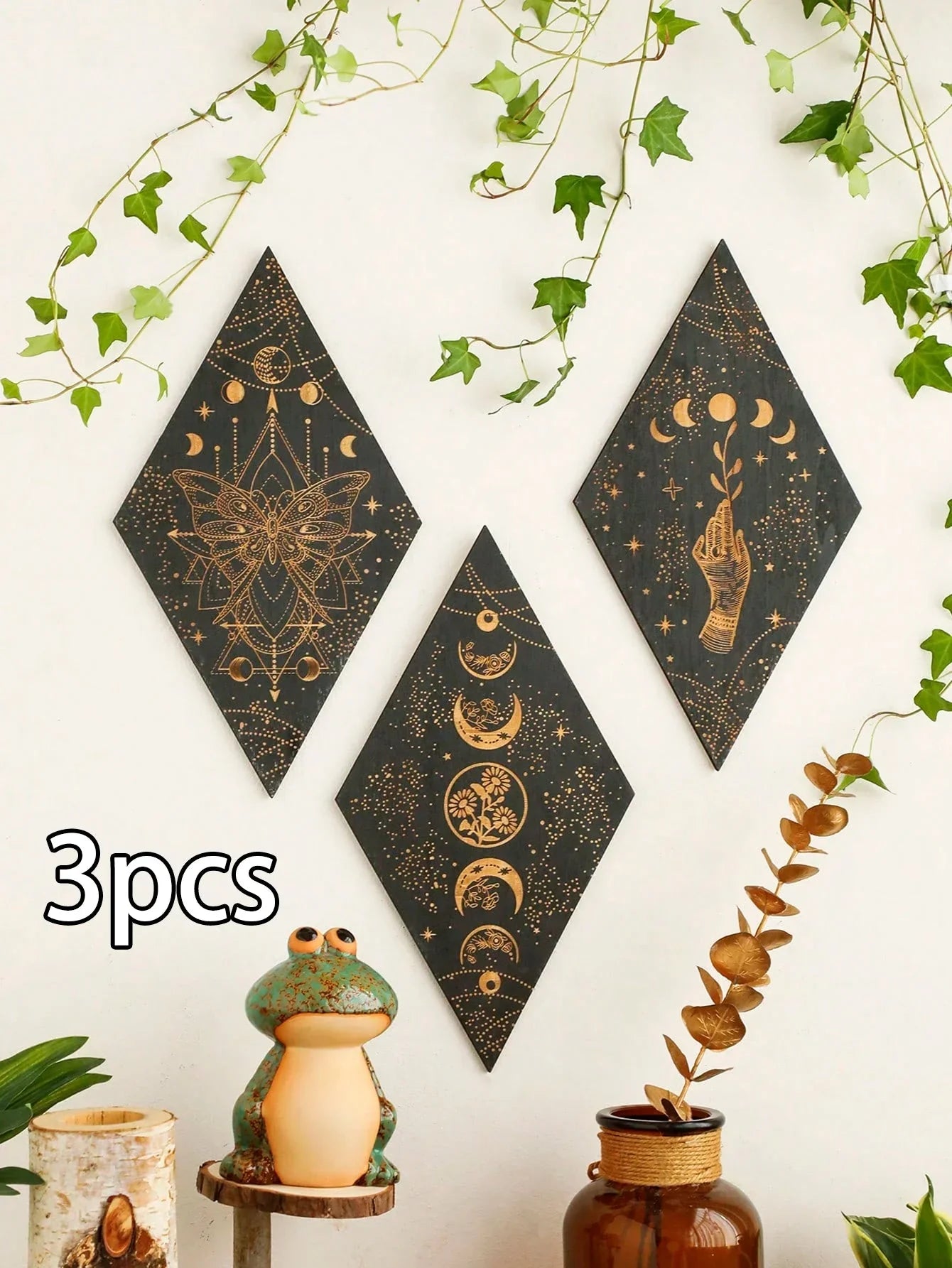 Skorter | Black Moon Phases Wooden Wall Decoration Rhombus Wall Art Boho Home Decor Witch Tapestry Decoration Room Decor Aesthetic Gift
