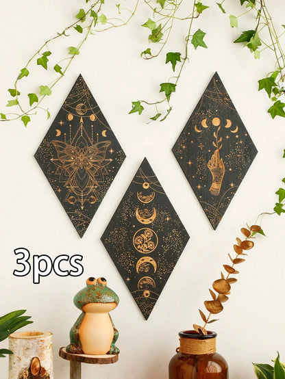 Skorter | Black Moon Phases Wooden Wall Decoration Rhombus Wall Art Boho Home Decor Witch Tapestry Decoration Room Decor Aesthetic Gift