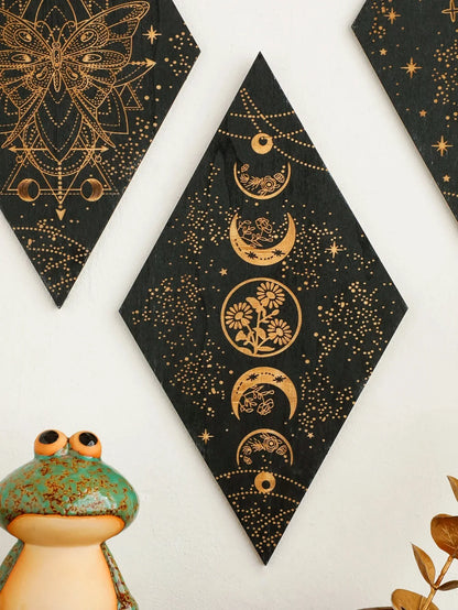 Skorter | Black Moon Phases Wooden Wall Decoration Rhombus Wall Art Boho Home Decor Witch Tapestry Decoration Room Decor Aesthetic Gift