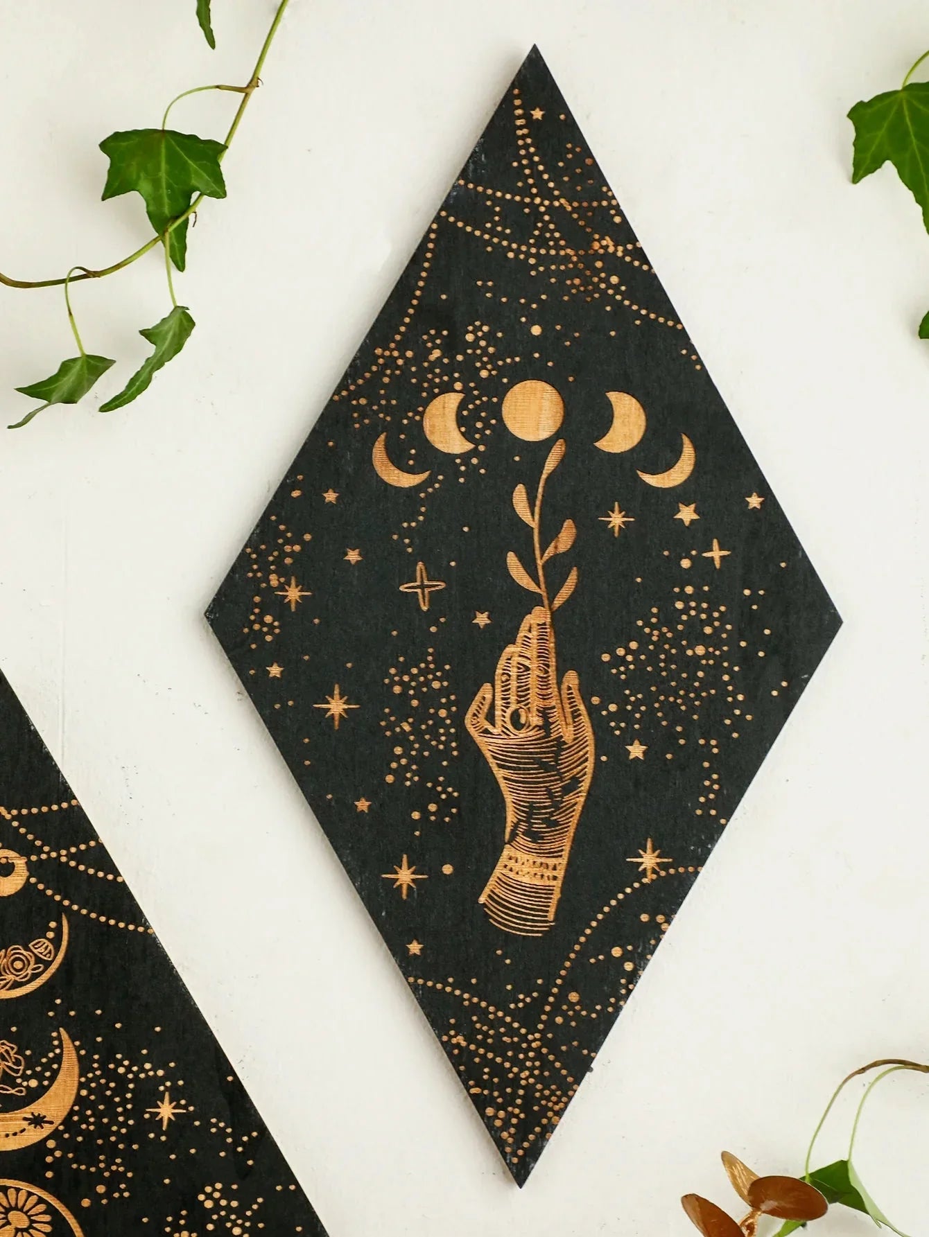 Skorter | Black Moon Phases Wooden Wall Decoration Rhombus Wall Art Boho Home Decor Witch Tapestry Decoration Room Decor Aesthetic Gift