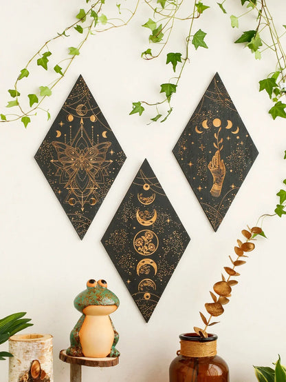 Skorter | Black Moon Phases Wooden Wall Decoration Rhombus Wall Art Boho Home Decor Witch Tapestry Decoration Room Decor Aesthetic Gift