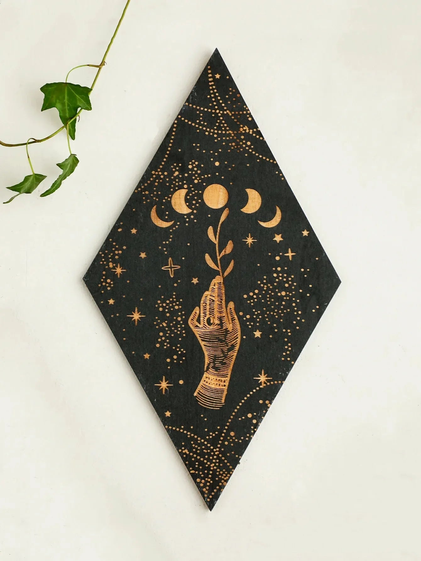 Skorter | Black Moon Phases Wooden Wall Decoration Rhombus Wall Art Boho Home Decor Witch Tapestry Decoration Room Decor Aesthetic Gift