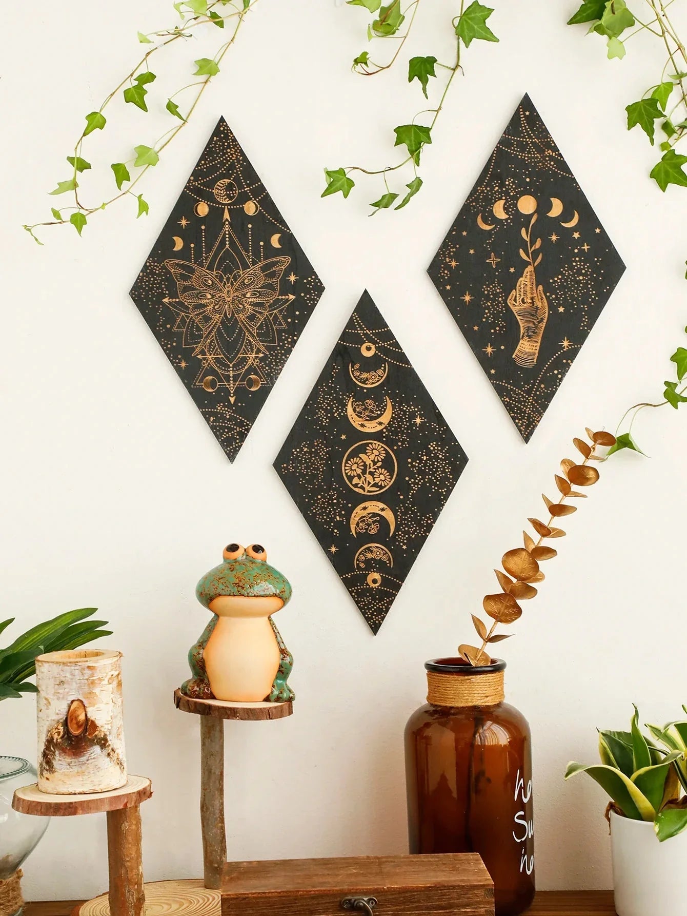 Skorter | Black Moon Phases Wooden Wall Decoration Rhombus Wall Art Boho Home Decor Witch Tapestry Decoration Room Decor Aesthetic Gift
