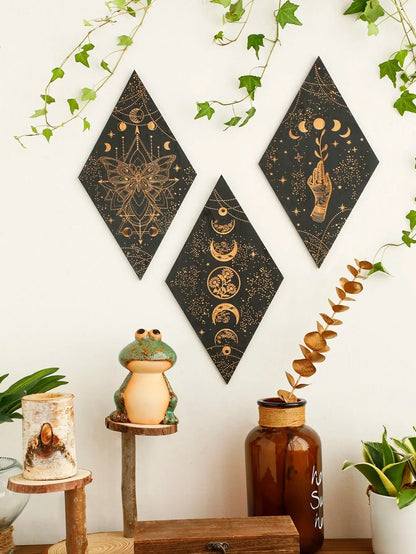 Skorter | Black Moon Phases Wooden Wall Decoration Rhombus Wall Art Boho Home Decor Witch Tapestry Decoration Room Decor Aesthetic Gift