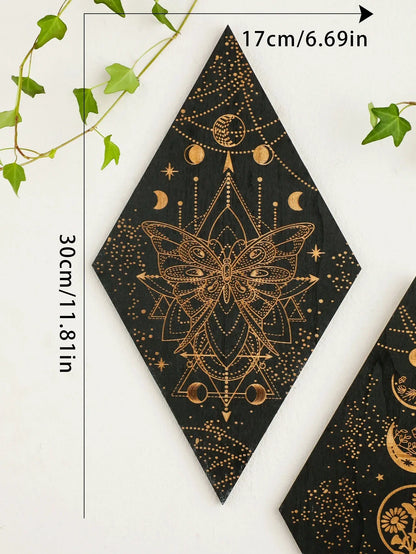 Skorter | Black Moon Phases Wooden Wall Decoration Rhombus Wall Art Boho Home Decor Witch Tapestry Decoration Room Decor Aesthetic Gift