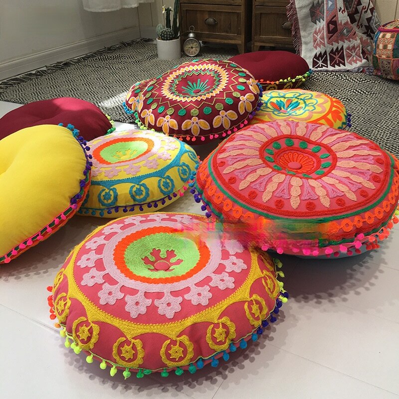 Skorter | Bohemian Tatami Cushions Sweet Cushion Fluffy Cushion Embroidered Futon Chair Cushion Round Fringe with Core Cushion Decorative