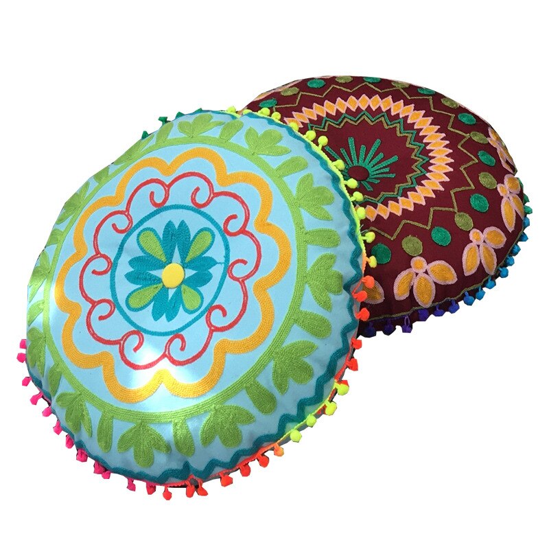 Skorter | Bohemian Tatami Cushions Sweet Cushion Fluffy Cushion Embroidered Futon Chair Cushion Round Fringe with Core Cushion Decorative