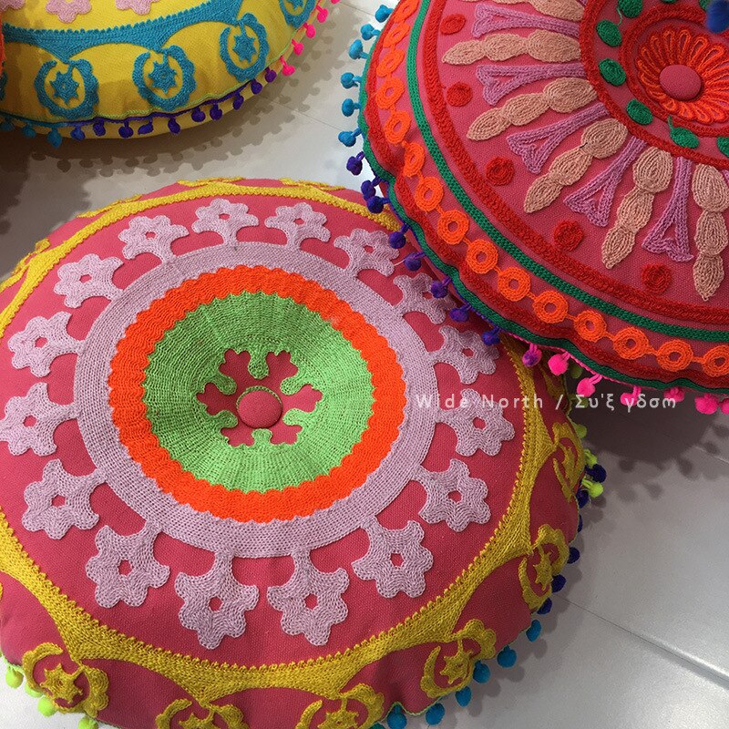 Skorter | Bohemian Tatami Cushions Sweet Cushion Fluffy Cushion Embroidered Futon Chair Cushion Round Fringe with Core Cushion Decorative