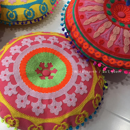 Skorter | Bohemian Tatami Cushions Sweet Cushion Fluffy Cushion Embroidered Futon Chair Cushion Round Fringe with Core Cushion Decorative