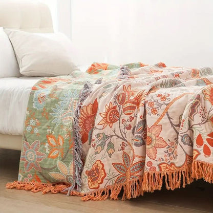 Skorter | Cotton Throw Blanket with Floral Boho Pattern