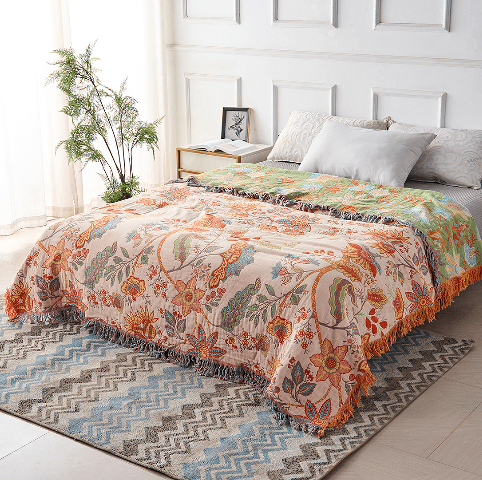 Skorter | Cotton Throw Blanket with Floral Boho Pattern